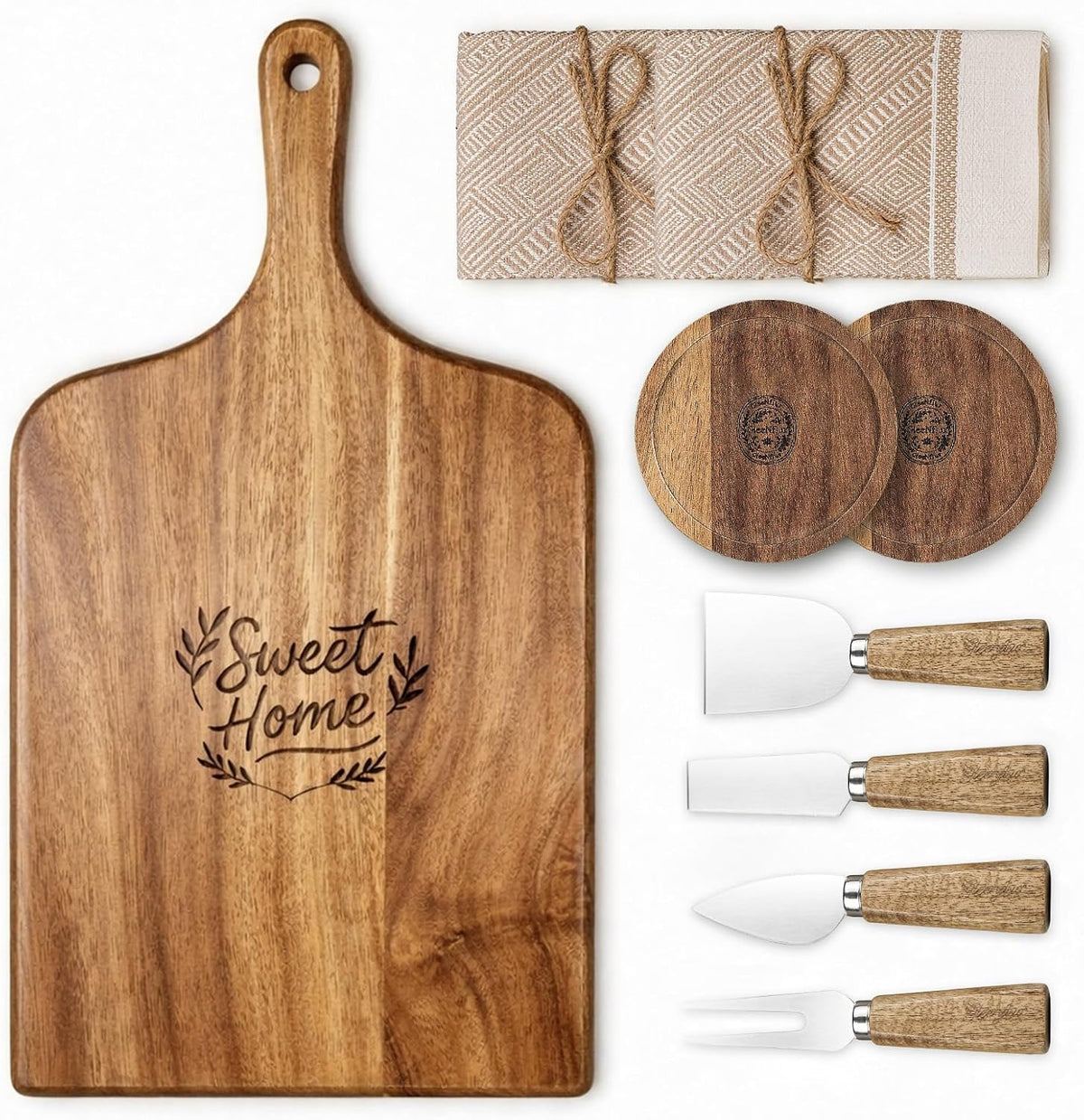 100% Acacia Wood Charcuterie Board Gift Set with 4 Cheese Knives | Natural Wood Grain, Smooth Polished Finish, Charcuterie & Cheese Board,Hosting & Everyday Serving,Premium Gift Box