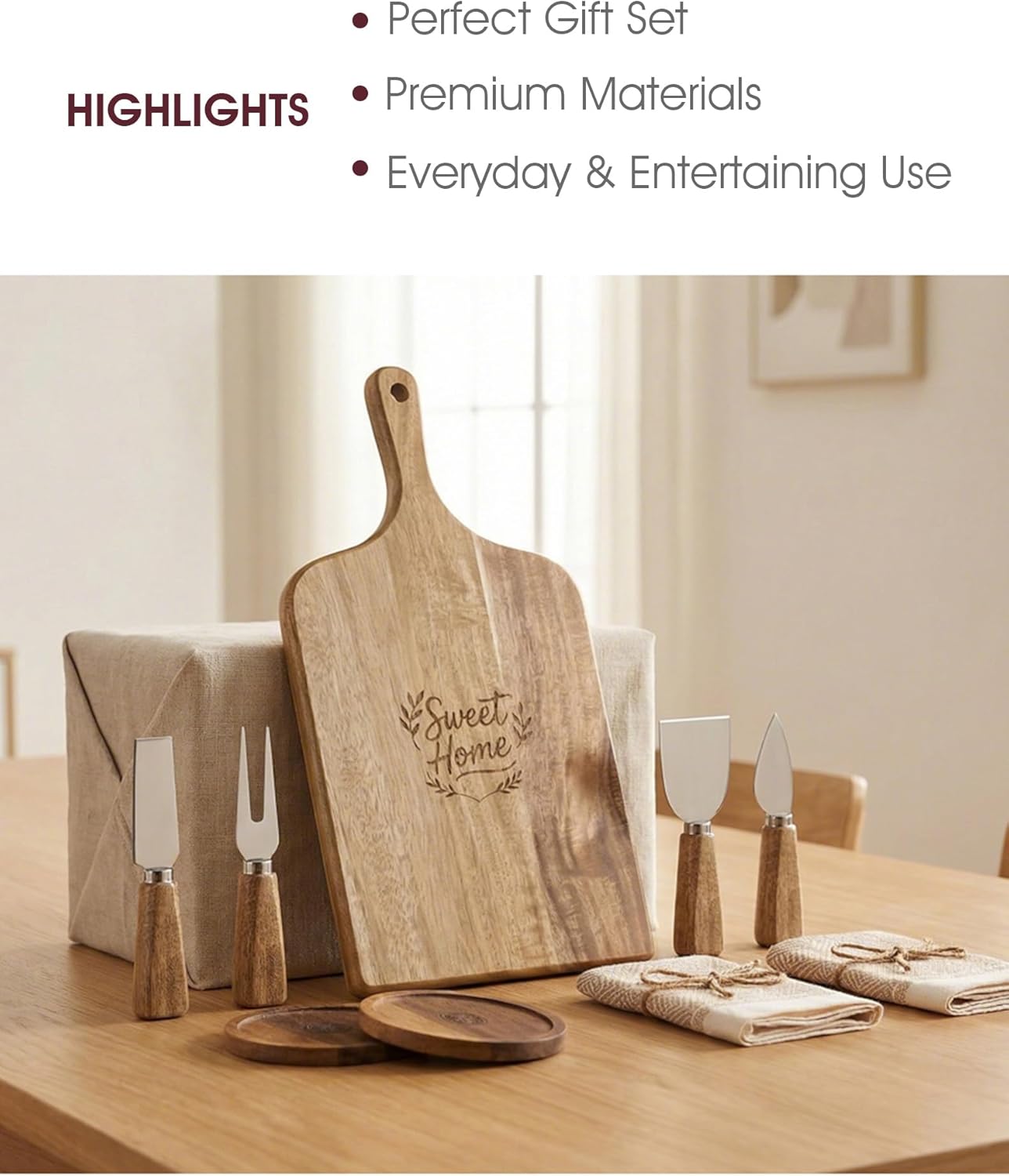 100% Acacia Wood Charcuterie Board Gift Set with 4 Cheese Knives | Natural Wood Grain, Smooth Polished Finish, Charcuterie & Cheese Board,Hosting & Everyday Serving,Premium Gift Box