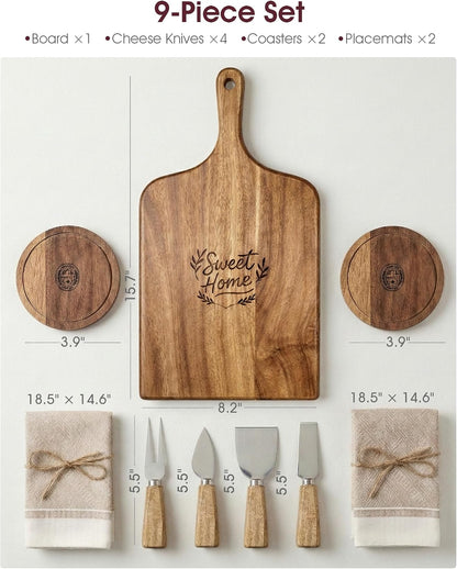 100% Acacia Wood Charcuterie Board Gift Set with 4 Cheese Knives | Natural Wood Grain, Smooth Polished Finish, Charcuterie & Cheese Board,Hosting & Everyday Serving,Premium Gift Box