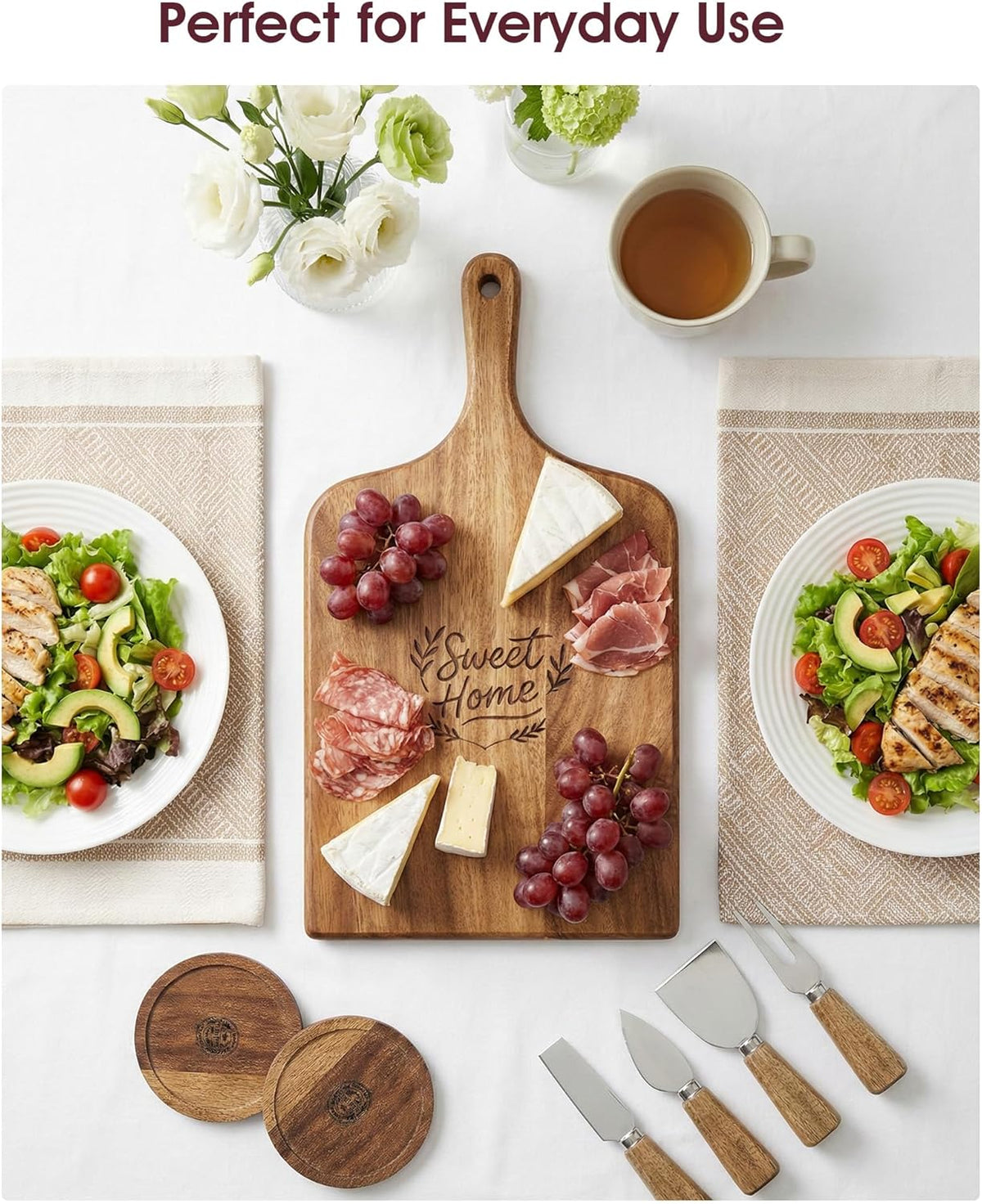 100% Acacia Wood Charcuterie Board Gift Set with 4 Cheese Knives | Natural Wood Grain, Smooth Polished Finish, Charcuterie & Cheese Board,Hosting & Everyday Serving,Premium Gift Box
