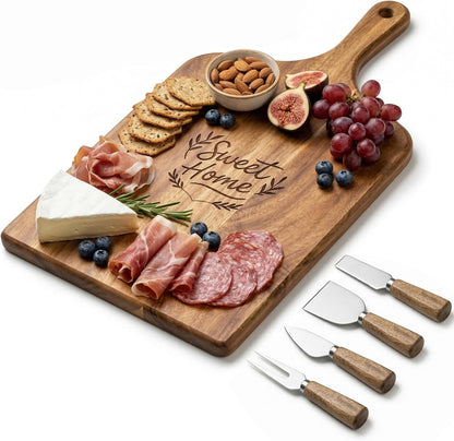 100% Acacia Wood Charcuterie Board Gift Set with 4 Cheese Knives | Natural Wood Grain, Smooth Polished Finish, Charcuterie & Cheese Board,Hosting & Everyday Serving,Premium Gift Box