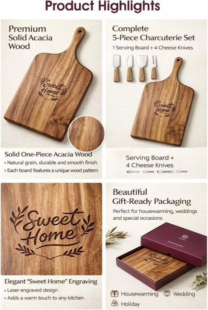 100% Acacia Wood Charcuterie Board Gift Set with 4 Cheese Knives | Natural Wood Grain, Smooth Polished Finish, Charcuterie & Cheese Board,Hosting & Everyday Serving,Premium Gift Box