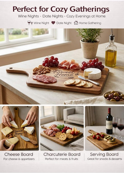 100% Acacia Wood Charcuterie Board Gift Set with 4 Cheese Knives | Natural Wood Grain, Smooth Polished Finish, Charcuterie & Cheese Board,Hosting & Everyday Serving,Premium Gift Box