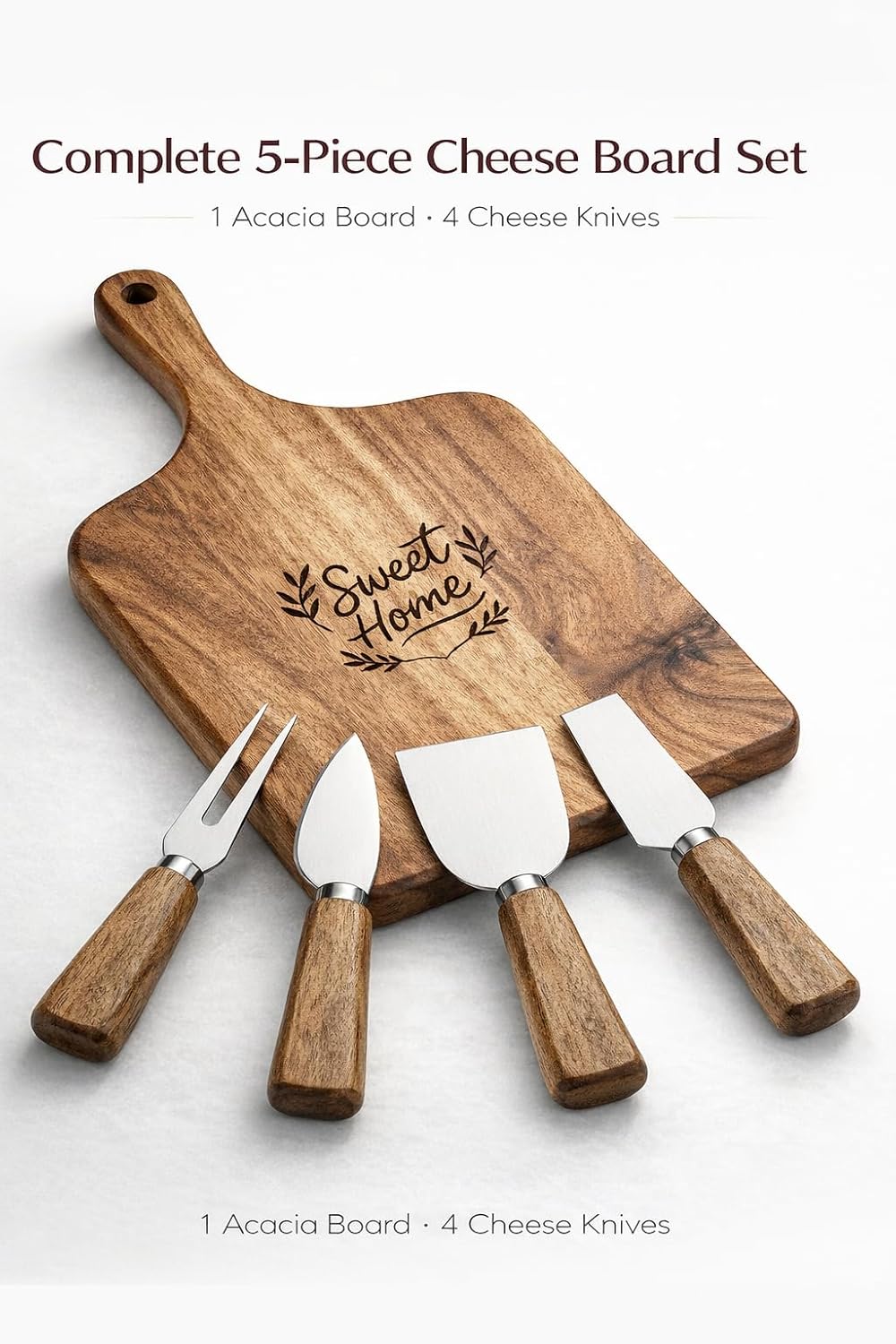 100% Acacia Wood Charcuterie Board Gift Set with 4 Cheese Knives | Natural Wood Grain, Smooth Polished Finish, Charcuterie & Cheese Board,Hosting & Everyday Serving,Premium Gift Box