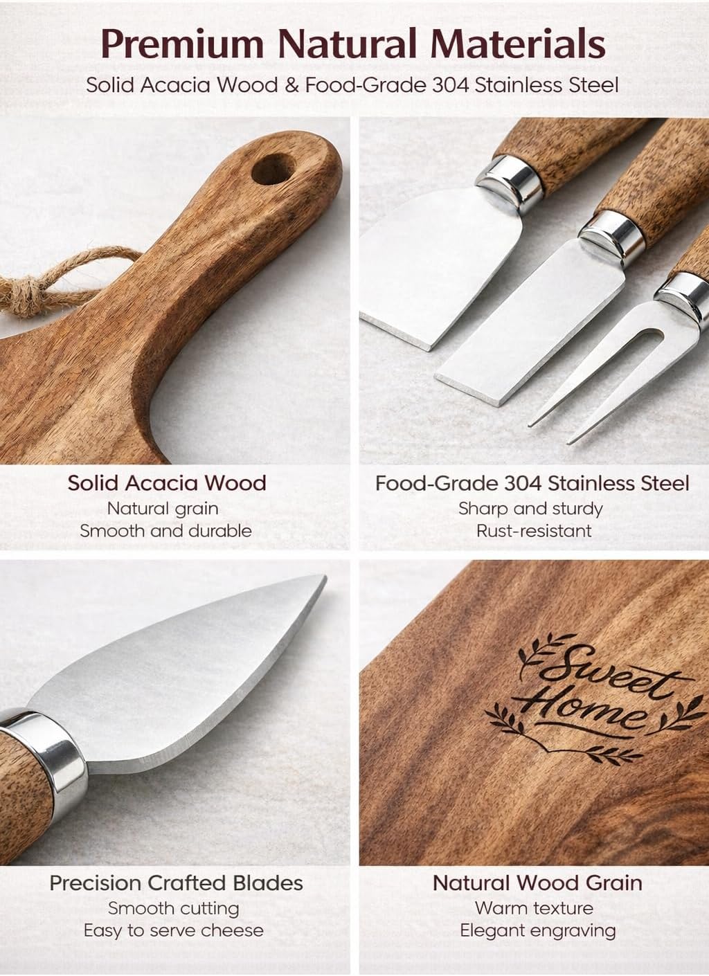 100% Acacia Wood Charcuterie Board Gift Set with 4 Cheese Knives | Natural Wood Grain, Smooth Polished Finish, Charcuterie & Cheese Board,Hosting & Everyday Serving,Premium Gift Box