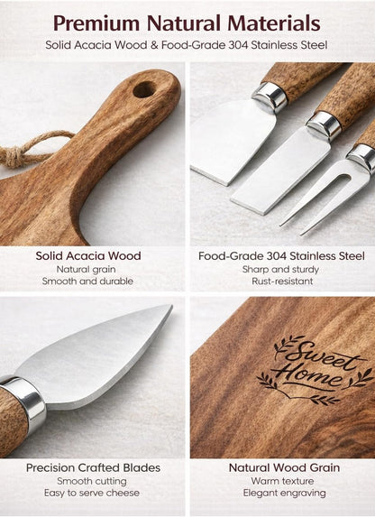 100% Acacia Wood Charcuterie Board Gift Set with 4 Cheese Knives | Natural Wood Grain, Smooth Polished Finish, Charcuterie & Cheese Board,Hosting & Everyday Serving,Premium Gift Box