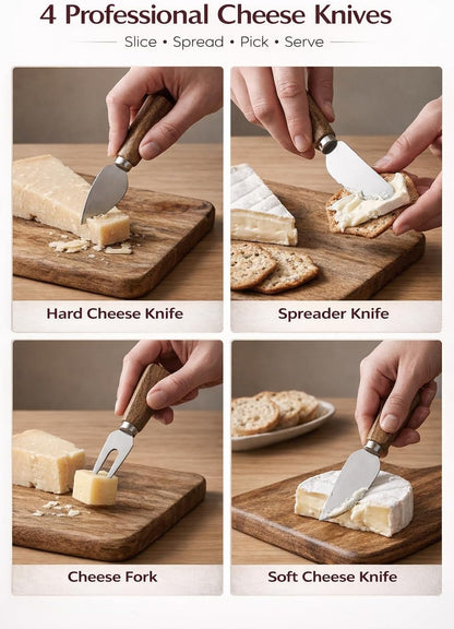 100% Acacia Wood Charcuterie Board Gift Set with 4 Cheese Knives | Natural Wood Grain, Smooth Polished Finish, Charcuterie & Cheese Board,Hosting & Everyday Serving,Premium Gift Box