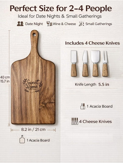 100% Acacia Wood Charcuterie Board Gift Set with 4 Cheese Knives | Natural Wood Grain, Smooth Polished Finish, Charcuterie & Cheese Board,Hosting & Everyday Serving,Premium Gift Box