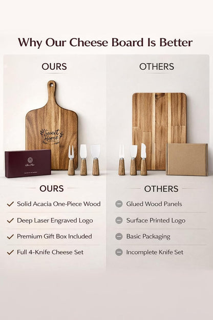 100% Acacia Wood Charcuterie Board Gift Set with 4 Cheese Knives | Natural Wood Grain, Smooth Polished Finish, Charcuterie & Cheese Board,Hosting & Everyday Serving,Premium Gift Box
