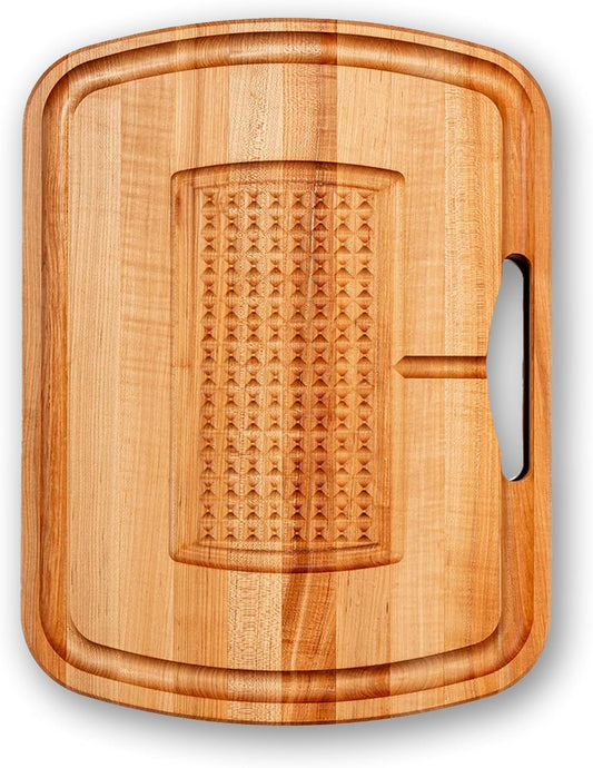 Maple Wood Cutting Board, 24”x18” – 2.25” Thick, 31-lb Reversible Wooden Butcher Block with Catch Pan, Sloped Juice Groove, Edge-Grain & Finger Grips - Carving Series