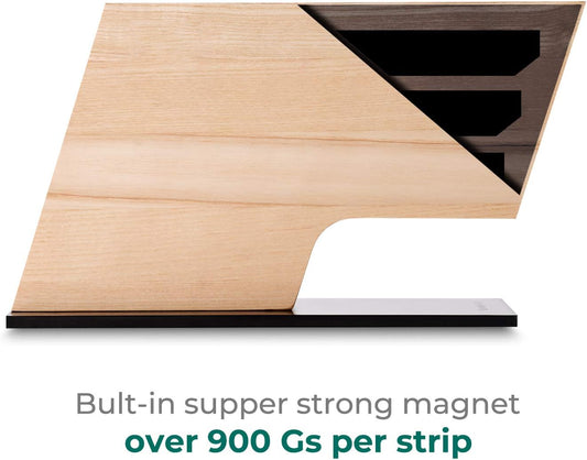 Magnetic Knife Block Knife Holder Knife Stand, Super Strong Magnet Double Sided Kitchen Knives Storage Fitted, American Ash Wood, Black Oxide Stainless Steel Base