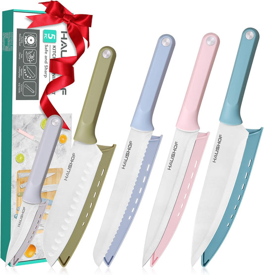 Kitchen Knife Set, 5 PCS Colorful Kitchen Knives with Sheaths | Non-Stick Coated Stainless Steel Blades for Slicing, Dicing&Cutting, Gifts Knife Set with Ergonomic Handle