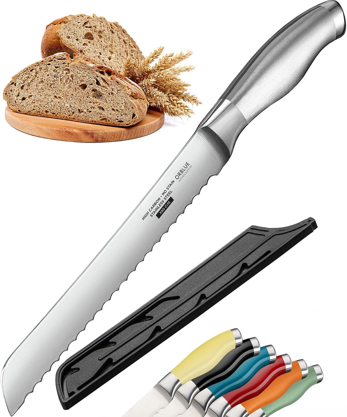 Serrated Bread Knife with Upgraded Stainless Steel Razor Sharp Wavy Edge - Bread Cutter Ideal for Slicing Homemade Bagels, Cake (8-Inch Blade with 5-Inch Handle)