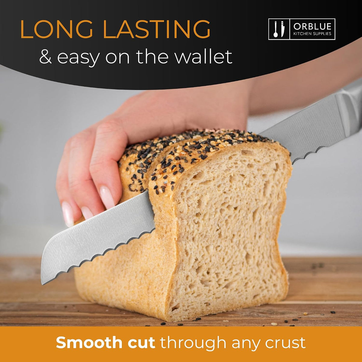 Serrated Bread Knife with Upgraded Stainless Steel Razor Sharp Wavy Edge - Bread Cutter Ideal for Slicing Homemade Bagels, Cake (8-Inch Blade with 5-Inch Handle)