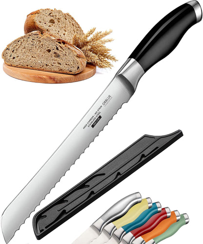 Serrated Bread Knife with Upgraded Stainless Steel Razor Sharp Wavy Edge - Bread Cutter Ideal for Slicing Homemade Bagels, Cake (8-Inch Blade with 5-Inch Handle)