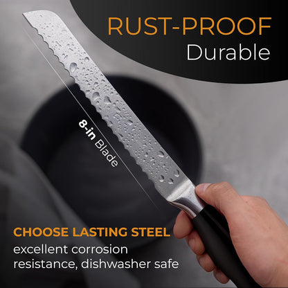 Serrated Bread Knife with Upgraded Stainless Steel Razor Sharp Wavy Edge - Bread Cutter Ideal for Slicing Homemade Bagels, Cake (8-Inch Blade with 5-Inch Handle)