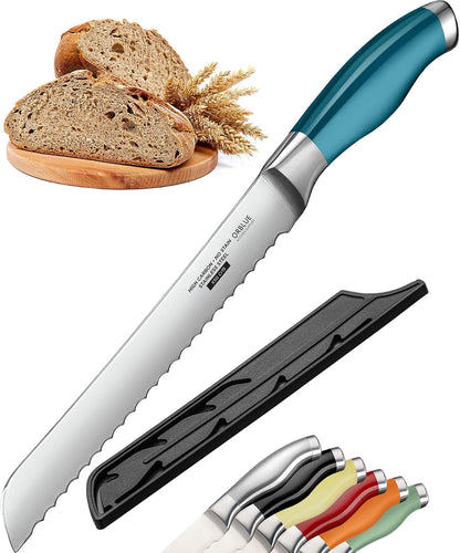 Serrated Bread Knife with Upgraded Stainless Steel Razor Sharp Wavy Edge - Bread Cutter Ideal for Slicing Homemade Bagels, Cake (8-Inch Blade with 5-Inch Handle)