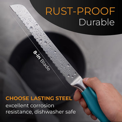 Serrated Bread Knife with Upgraded Stainless Steel Razor Sharp Wavy Edge - Bread Cutter Ideal for Slicing Homemade Bagels, Cake (8-Inch Blade with 5-Inch Handle)