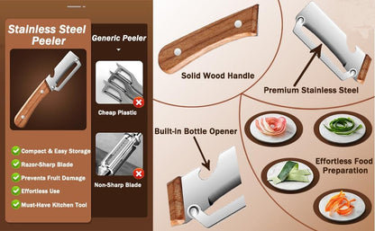 Multi Functional Premium Vegetable Peeler with Wooden Handle and Bottle Opener Stainless Steel Blade Kitchen Tool for Fruit Potato Pumpkin Papaya