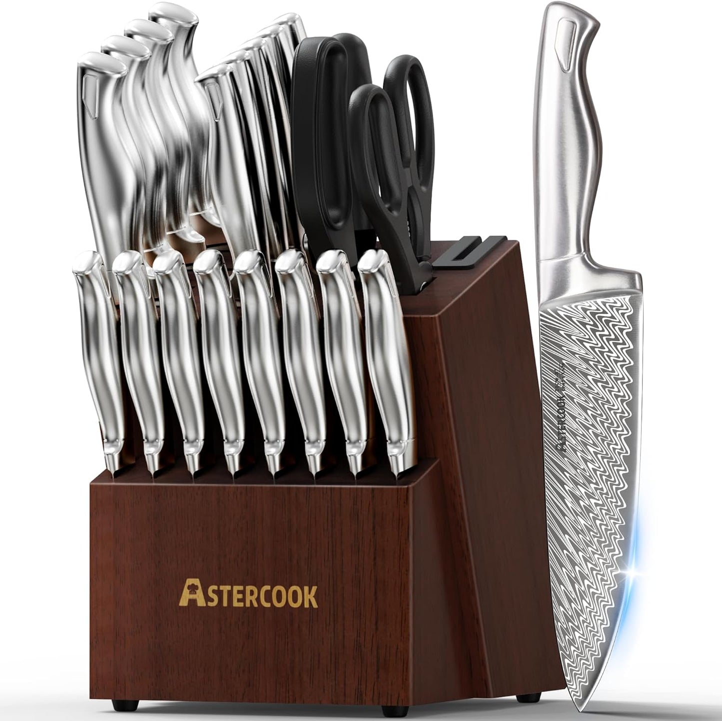 Knife Set, 15-Piece Kitchen Knife Set with Block, Built-in Knife Sharpener, German Stainless Steel Knife Block Set, Dishwasher Safe Kitchen Utensils Set