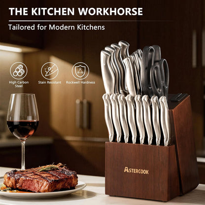 Knife Set, 15-Piece Kitchen Knife Set with Block, Built-in Knife Sharpener, German Stainless Steel Knife Block Set, Dishwasher Safe Kitchen Utensils Set