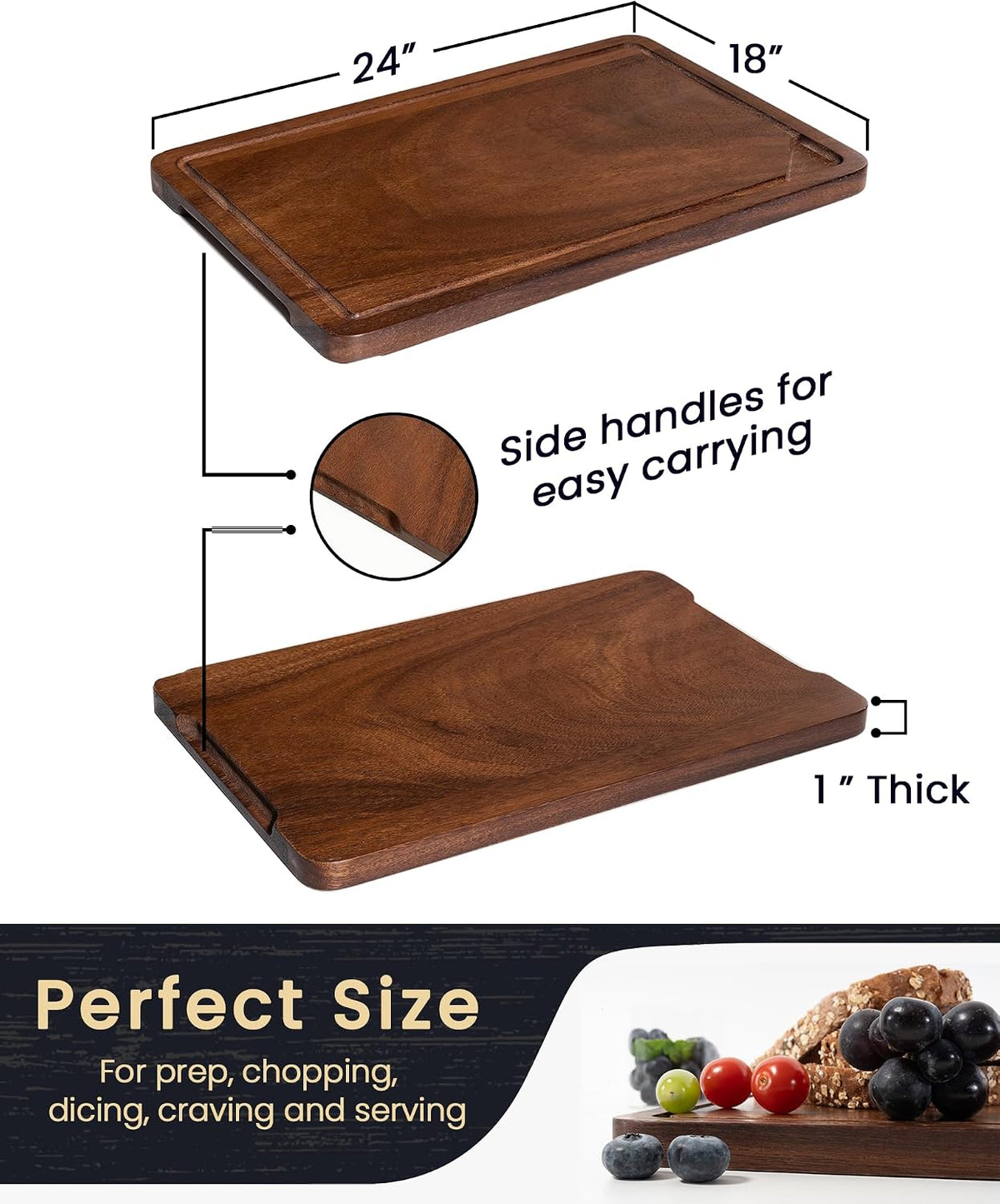 Walnut Wood Cutting Board with Juice Groove for Kitchen Countertop, Tick American Black-Walnut Wooden Chopping Board Charcuterie Board Butcher Block for Meat Vegetables, 16x10 inch
