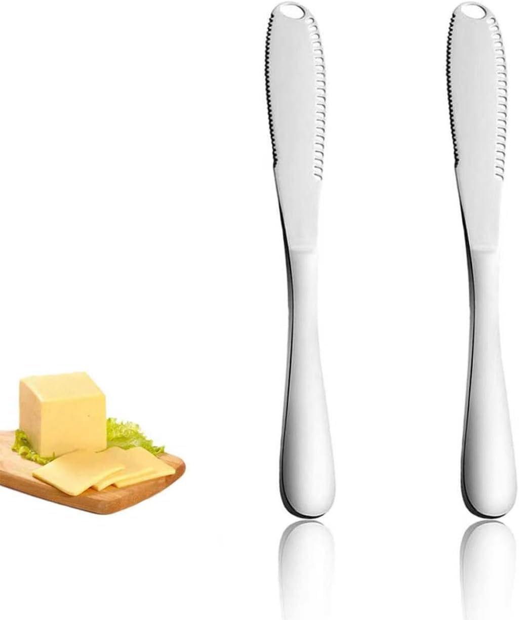2-Pack Stainless Steel Butter Knives with Holes – 3-in-1 Spreader | For Cold Butter, Cheese & Jam – Dishwasher Safe, Rust-Resistant, Soft Ergonomic Handle – Perfect for Kitchen & Table