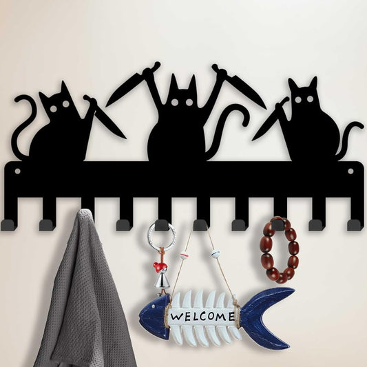 Cats Key Holder with 10-Hooks Key Hooks Cat Hooks Decor Key Rack Funny Wall Mounted Key Hanger Wall Decorative Key Organiser for Dog Leash Entryway Home Kitchen Cat Lover