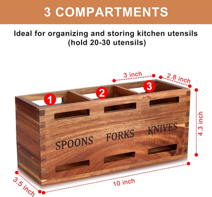 Acacia Wood Silverware Caddy Wooden Flatware Cutlery Holder Silverware Organizer Storage Small Utensil Holder for Kitchen Counter Spoon and Fork Holder Flatware Utensil Caddy for Party