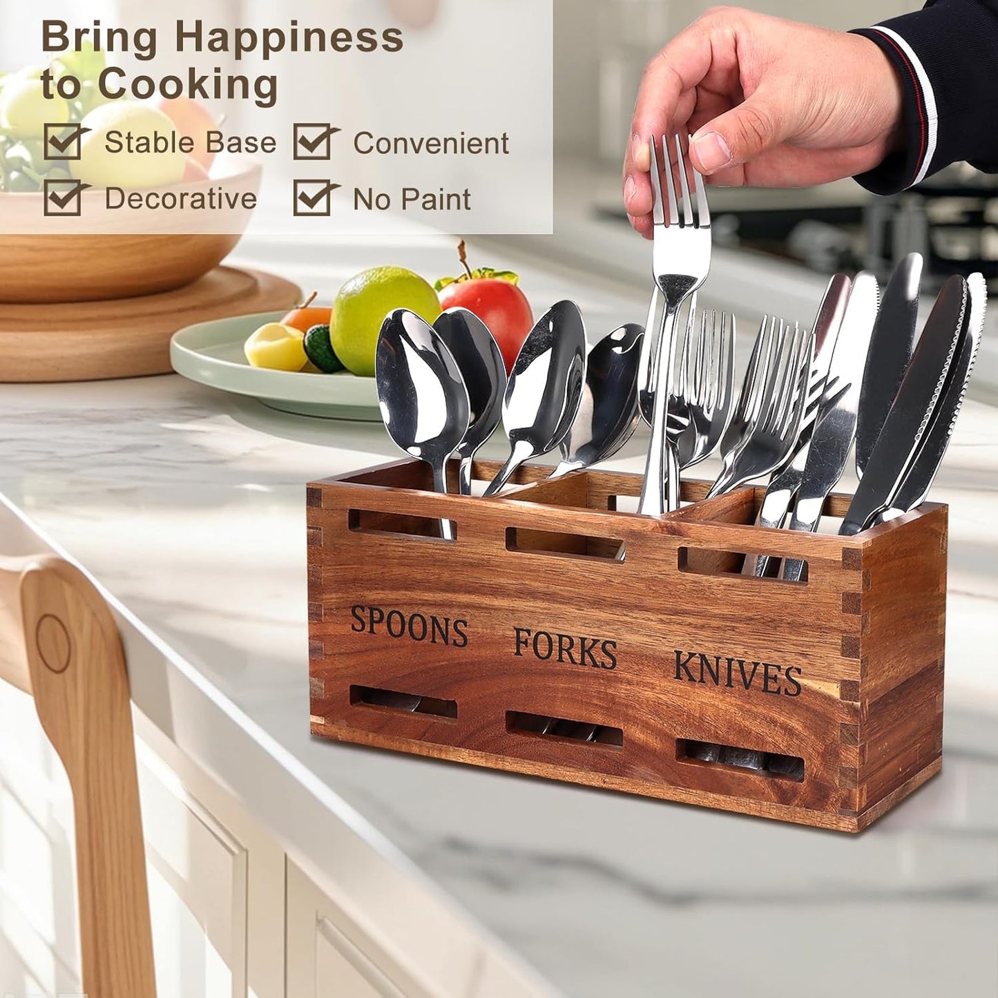 Acacia Wood Silverware Caddy Wooden Flatware Cutlery Holder Silverware Organizer Storage Small Utensil Holder for Kitchen Counter Spoon and Fork Holder Flatware Utensil Caddy for Party