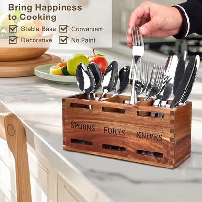 Acacia Wood Silverware Caddy Wooden Flatware Cutlery Holder Silverware Organizer Storage Small Utensil Holder for Kitchen Counter Spoon and Fork Holder Flatware Utensil Caddy for Party