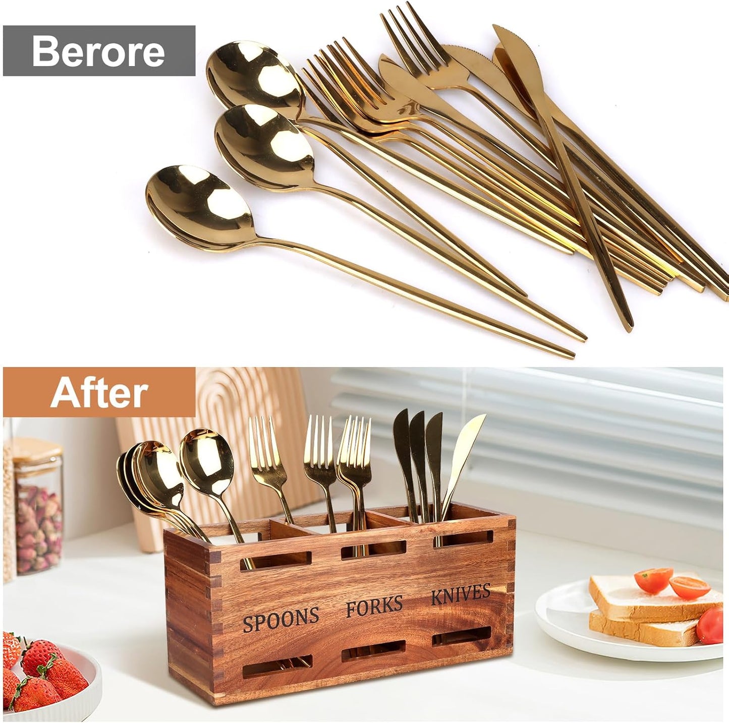 Acacia Wood Silverware Caddy Wooden Flatware Cutlery Holder Silverware Organizer Storage Small Utensil Holder for Kitchen Counter Spoon and Fork Holder Flatware Utensil Caddy for Party