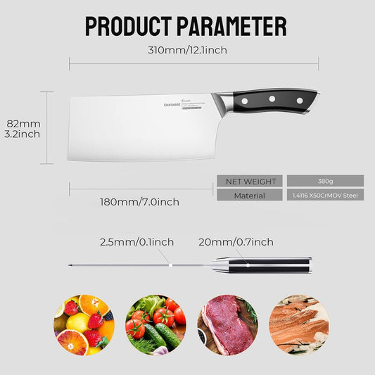 Chinese Chef's Knife 7", Vegetable Cleaver & Meat Slicing Knife | Razor Sharp German High Carbon Steel Kitchen Knife for Cooking Prep, Ergonomic Triple Rivet Full Tang Handle for Pro Chefs