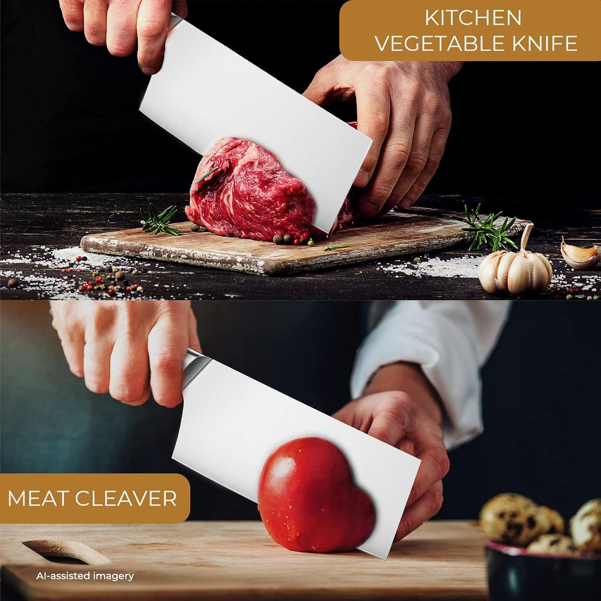 Chinese Chef's Knife 7", Vegetable Cleaver & Meat Slicing Knife | Razor Sharp German High Carbon Steel Kitchen Knife for Cooking Prep, Ergonomic Triple Rivet Full Tang Handle for Pro Chefs