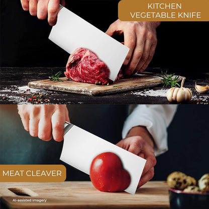 Chinese Chef's Knife 7", Vegetable Cleaver & Meat Slicing Knife | Razor Sharp German High Carbon Steel Kitchen Knife for Cooking Prep, Ergonomic Triple Rivet Full Tang Handle for Pro Chefs