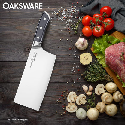 Chinese Chef's Knife 7", Vegetable Cleaver & Meat Slicing Knife | Razor Sharp German High Carbon Steel Kitchen Knife for Cooking Prep, Ergonomic Triple Rivet Full Tang Handle for Pro Chefs