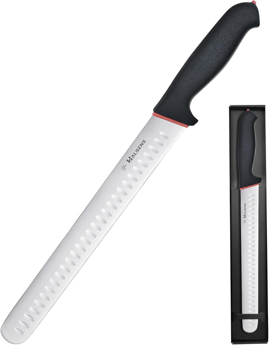 12 Inch Brisket Slicing Knife, High Carbon Steel, Non-Slip Grip | Sharp fluted edge for clean cuts, High-carbon steel stays sharp, Non-slip soft grip, Perfect for brisket, turkey & BBQ.