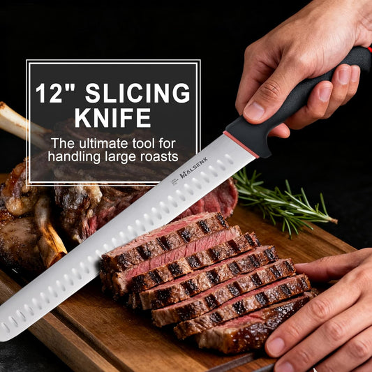 12 Inch Brisket Slicing Knife, High Carbon Steel, Non-Slip Grip | Sharp fluted edge for clean cuts, High-carbon steel stays sharp, Non-slip soft grip, Perfect for brisket, turkey & BBQ.