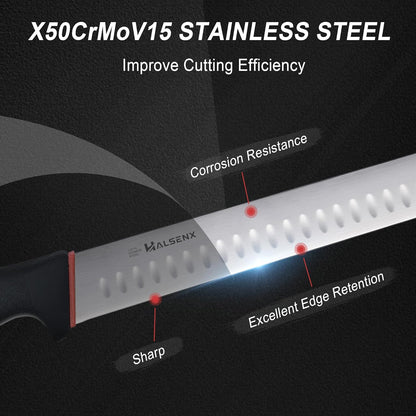 12 Inch Brisket Slicing Knife, High Carbon Steel, Non-Slip Grip | Sharp fluted edge for clean cuts, High-carbon steel stays sharp, Non-slip soft grip, Perfect for brisket, turkey & BBQ.