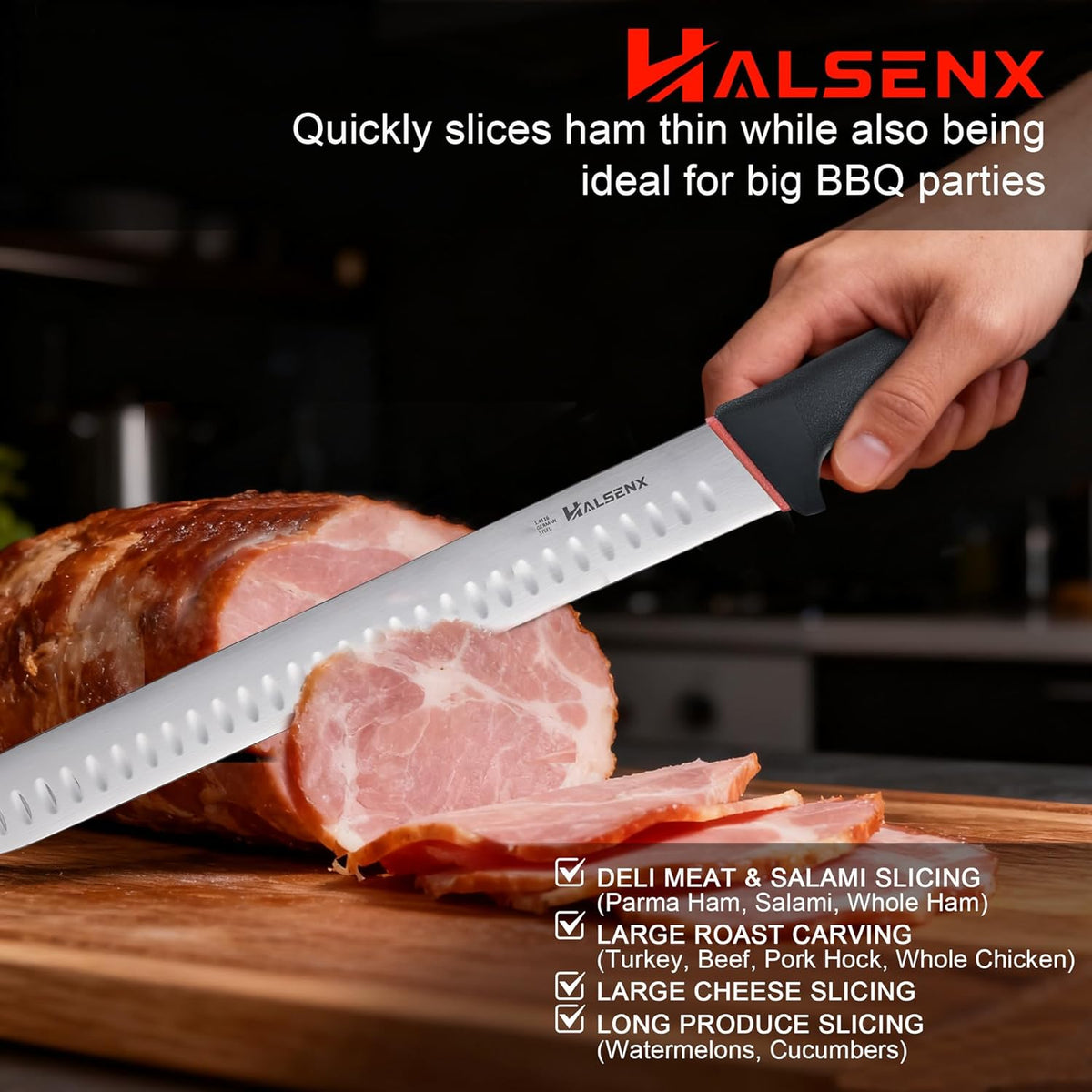 12 Inch Brisket Slicing Knife, High Carbon Steel, Non-Slip Grip | Sharp fluted edge for clean cuts, High-carbon steel stays sharp, Non-slip soft grip, Perfect for brisket, turkey & BBQ.
