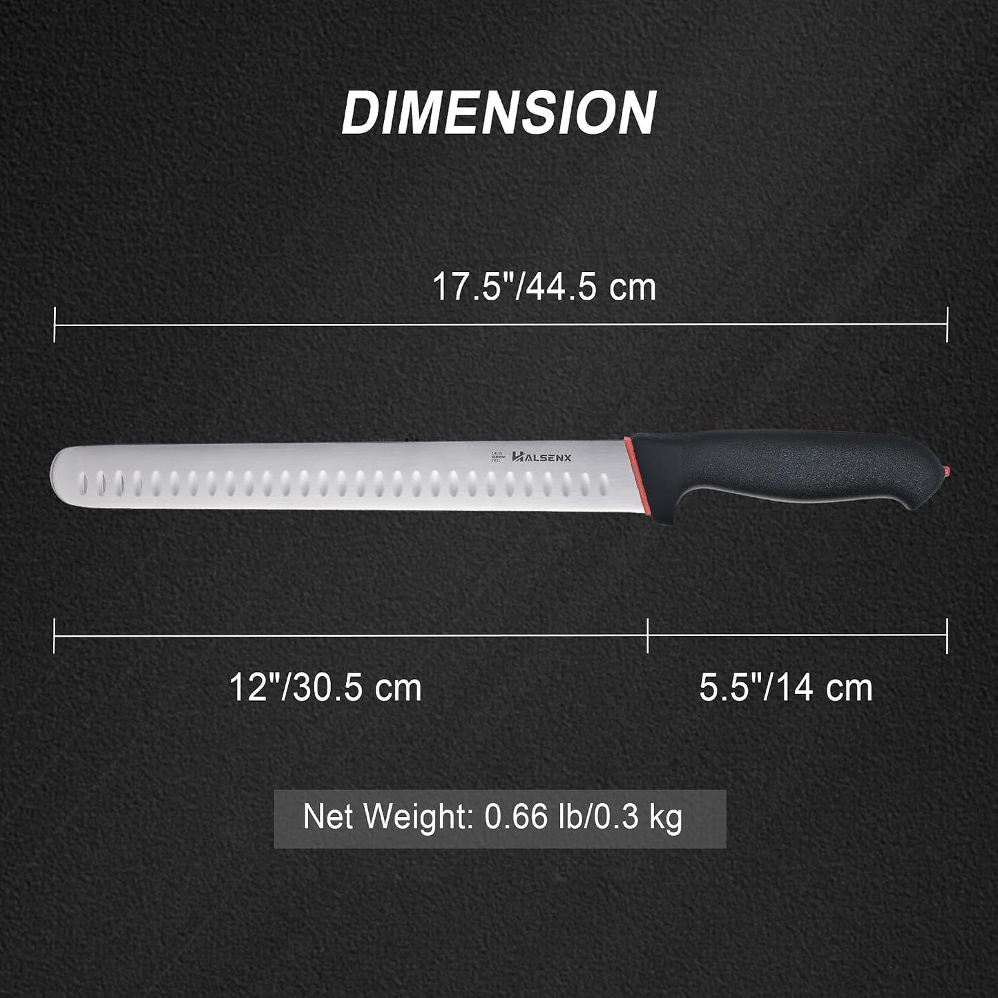 12 Inch Brisket Slicing Knife, High Carbon Steel, Non-Slip Grip | Sharp fluted edge for clean cuts, High-carbon steel stays sharp, Non-slip soft grip, Perfect for brisket, turkey & BBQ.