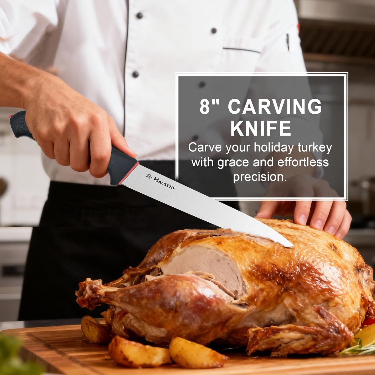 12 Inch Brisket Slicing Knife, High Carbon Steel, Non-Slip Grip | Sharp fluted edge for clean cuts, High-carbon steel stays sharp, Non-slip soft grip, Perfect for brisket, turkey & BBQ.