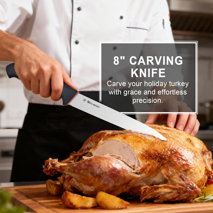 12 Inch Brisket Slicing Knife, High Carbon Steel, Non-Slip Grip | Sharp fluted edge for clean cuts, High-carbon steel stays sharp, Non-slip soft grip, Perfect for brisket, turkey & BBQ.