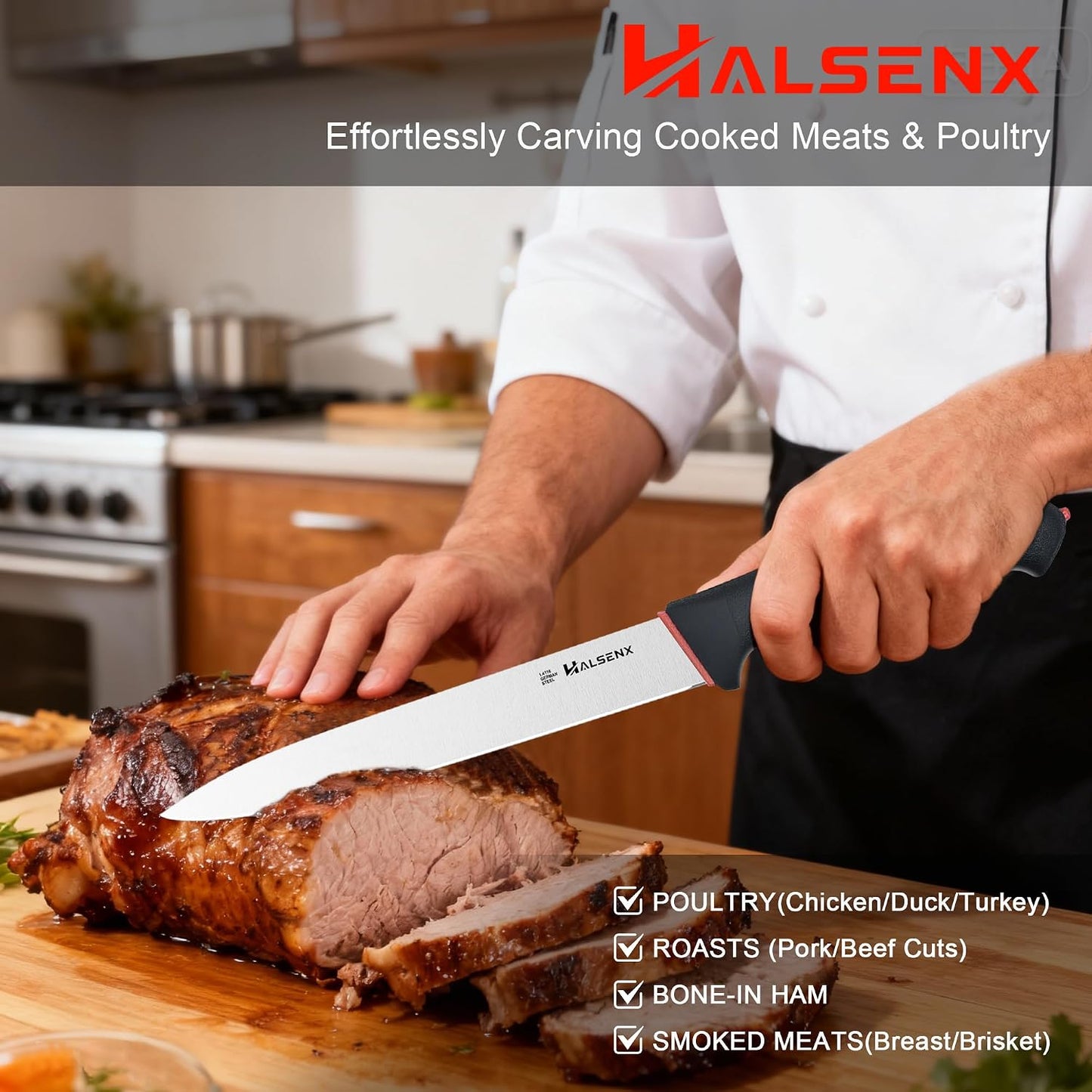 12 Inch Brisket Slicing Knife, High Carbon Steel, Non-Slip Grip | Sharp fluted edge for clean cuts, High-carbon steel stays sharp, Non-slip soft grip, Perfect for brisket, turkey & BBQ.