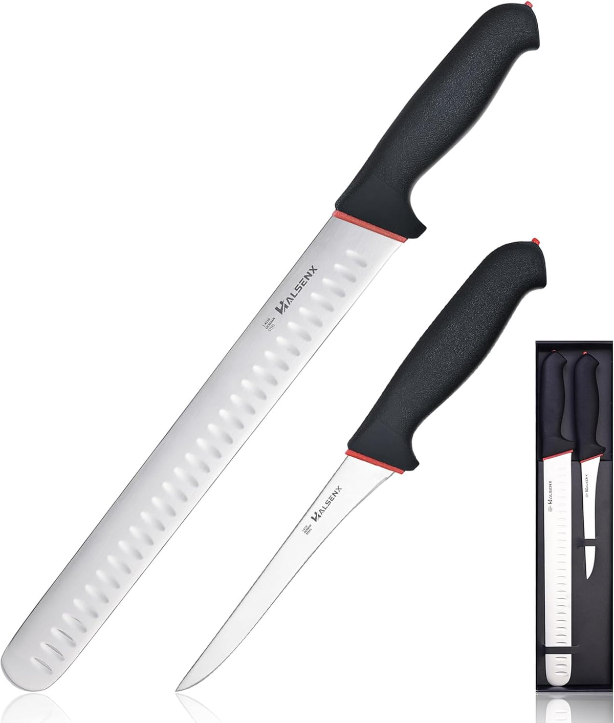 12 Inch Brisket Slicing Knife, High Carbon Steel, Non-Slip Grip | Sharp fluted edge for clean cuts, High-carbon steel stays sharp, Non-slip soft grip, Perfect for brisket, turkey & BBQ.