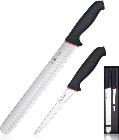 12 Inch Brisket Slicing Knife, High Carbon Steel, Non-Slip Grip | Sharp fluted edge for clean cuts, High-carbon steel stays sharp, Non-slip soft grip, Perfect for brisket, turkey & BBQ.