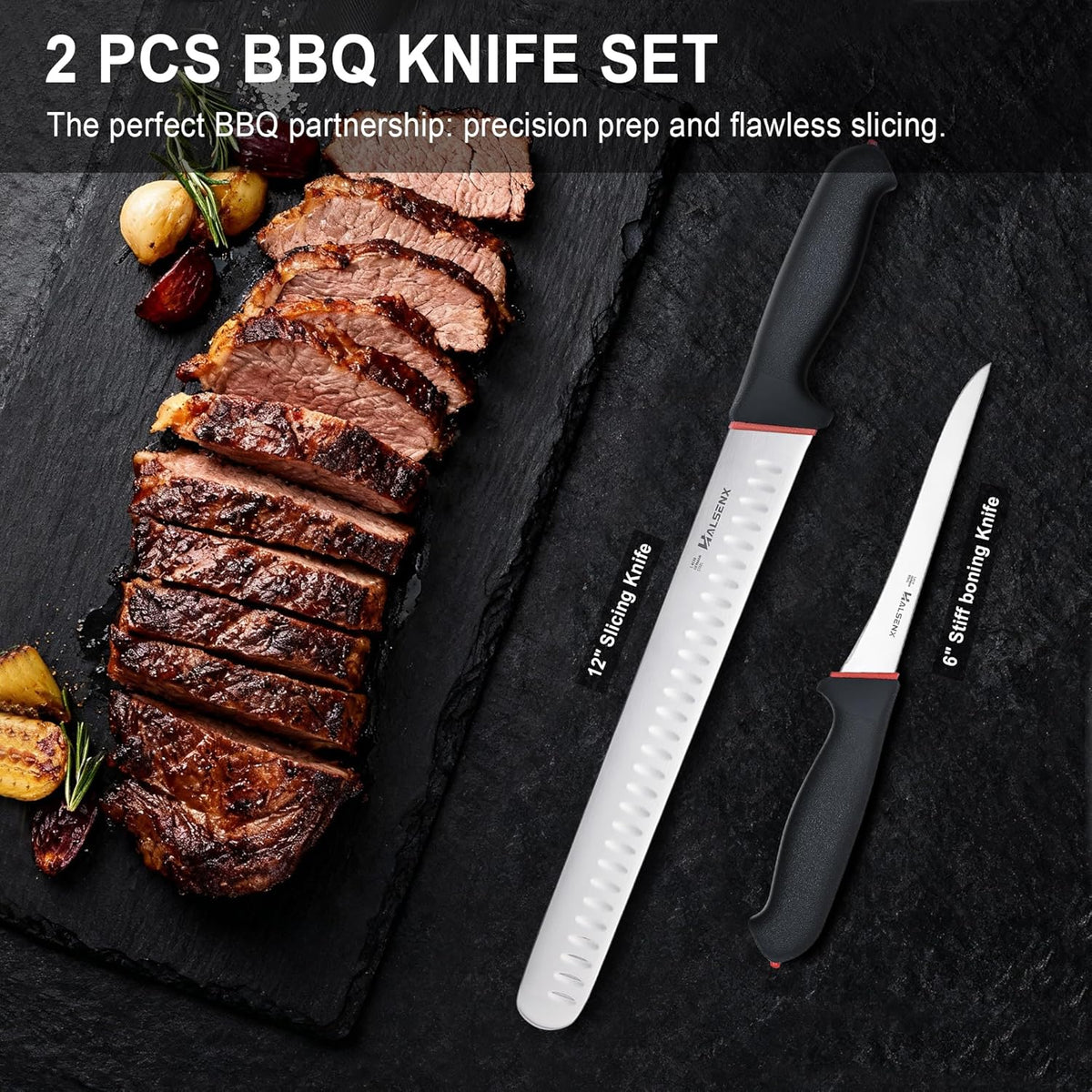 12 Inch Brisket Slicing Knife, High Carbon Steel, Non-Slip Grip | Sharp fluted edge for clean cuts, High-carbon steel stays sharp, Non-slip soft grip, Perfect for brisket, turkey & BBQ.