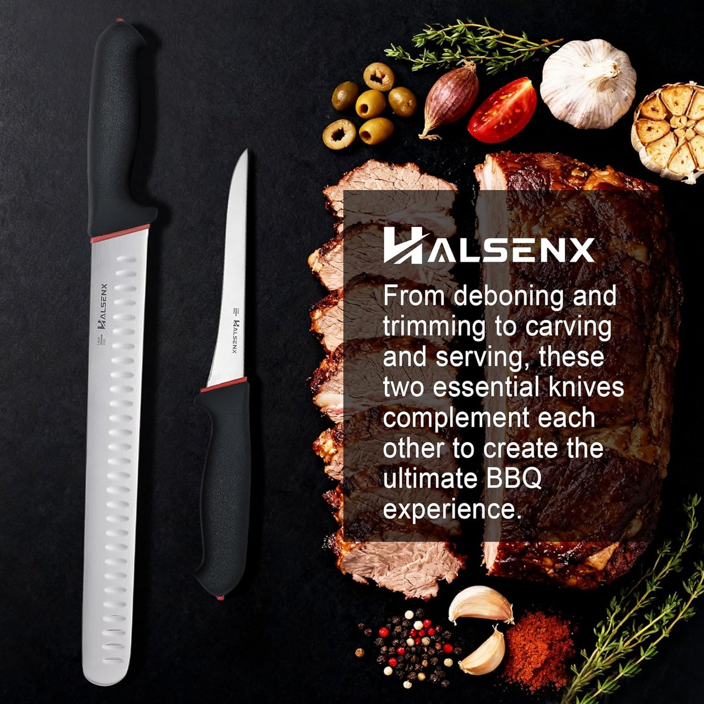 12 Inch Brisket Slicing Knife, High Carbon Steel, Non-Slip Grip | Sharp fluted edge for clean cuts, High-carbon steel stays sharp, Non-slip soft grip, Perfect for brisket, turkey & BBQ.