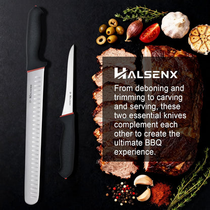 12 Inch Brisket Slicing Knife, High Carbon Steel, Non-Slip Grip | Sharp fluted edge for clean cuts, High-carbon steel stays sharp, Non-slip soft grip, Perfect for brisket, turkey & BBQ.