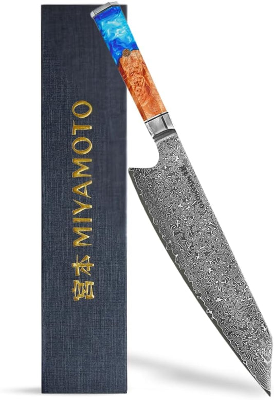 8-Inch Japanese Damascus Chef Knife, 67-Layer Steel, Ultra-Sharp High Carbon Blade with Resin Handle for Precision Chopping and Carving